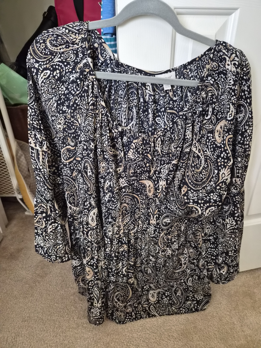 Avenue Black and Cream Paisley Peasant Top